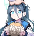  1girl 1other aris_(blue_archive) black_hair blue_archive blue_eyes burger closed_mouth commentary_request danut eating food food_on_face hair_between_eyes halo hand_on_another&#039;s_head headpat highres holding holding_burger holding_food jacket korean_commentary long_bangs long_hair long_sleeves portrait rectangular_halo ringed_eyes simple_background solo_focus tareme white_background 