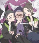  1girl 2boys :d adversarial_noise angel_wings bisexual_male black_eyes black_hair black_jacket black_pants black_suit blush brown_eyes brown_hair closed_eyes clothes_grab commentary_request corbeau_(pokemon) demon_horns demon_wings fang full-face_blush glasses gomi20021021 half_updo halo hand_on_another&#039;s_face hand_on_another&#039;s_knee harmony_(pokemon) highres horns interlocked_fingers jacket looking_at_another multiple_boys necktie necktie_grab neckwear_grab pants paxton_(pokemon) pokemon pokemon_legends:_z-a purple_hair purple_shirt shirt sitting smile suit sweat white_necktie wings 