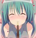  aqua_hair blush close-up closed_eyes face facing_viewer feeding food hatsune_miku heart incoming_kiss incoming_pocky_kiss long_hair mouth_hold necktie pocky pov_feeding sharing_food solo twintails upper_body urara_(sumairuclover) vocaloid 