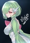  1girl absurdres back breasts dress ear_piercing from_side gardevoir green_dress hair_ornament highres large_breasts looking_at_viewer medium_hair personification piercing pokemon pokemon_(anime) pokemon_(creature) poketoon red_eyes simple_background wanzi_(99wanzi99) 