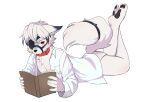  1boy aged_down animal_ears arnd_dawn barefoot book claws closed_mouth collar colored_tips english_commentary eyepatch furry furry_male highres holding holding_book looking_at_viewer lying male_focus multicolored_hair on_stomach open_book open_clothes open_shirt pawpads red_eyes shirt tail tail_belt von_lycaon white_background white_shirt wolf_boy wolf_ears wolf_tail zenless_zone_zero 
