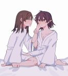  2girls alternate_costume blush breasts brown_eyes brown_hair cleavage commentary_request eye_contact hakurei_reimu hand_on_another's_arm hand_on_another's_cheek hand_on_another's_face highres long_hair looking_at_another multiple_girls no_hair_bow no_wings pointy_ears red_eyes sakic43899 shameimaru_aya short_hair sitting sleepwear sweatdrop touhou yuri 
