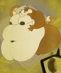 absurd_res anthro anus bed bedroom_eyes belly big_belly big_butt big_moobs broken_bed brown_body brown_fur butt canid canine canis curled_tail deep_navel domestic_dog double_chin fart fart_cloud fart_fetish fat_rolls fur furniture gas gassy hand_on_belly hi_res holding_belly huge_belly hyper hyper_belly immobile jadetanuki looking_at_viewer male mammal mattress moobs morbidly_obese narrowed_eyes navel obese overweight pillow puffy_anus raised_tail seductive shiba_inu smelly smile solo spitz stink_fumes tail tongue tongue_out white_belly