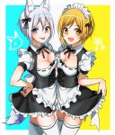  2girls :d aiba_yumi animal_ears black_ribbon black_skirt blonde_hair blue_nails blush breast_press breasts choker cleavage collarbone corset cowboy_shot eyebrows_visible_through_hair fox_ears fox_tail frilled_skirt frills grey_eyes hair_between_eyes idolmaster idolmaster_cinderella_girls looking_at_viewer maid_headdress medium_breasts miniskirt multiple_girls nail_polish neck_ribbon open_mouth ribbon ribbon-trimmed_sleeves ribbon_trim shiomi_shuuko shirt_hold silver_hair skirt smile standing symmetrical_docking tail thighhighs white_legwear yellow_eyes yellow_nails yodare_(3yami8) zettai_ryouiki 