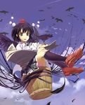  alternate_eye_color animal bad_id bad_pixiv_id basket bird black_hair black_legwear black_wings bucket crow day feathers flock flying green_eyes hat hidebo kneehighs loafers looking_away open_mouth ribbon shameimaru_aya shoes short_hair sky smile solo tokin_hat touhou wings 