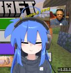  1girl =_= ahoge black_hoodie blue_hair blush_stickers closed_eyes commentary cosplay drawstring english_commentary english_text game_screenshot_background headphones highres hood hood_down hoodie ishowspeed ishowspeed_(cosplay) ishowspeed_trying_not_to_laugh_(meme) izumi_konata lucky_star meme minecraft mole mole_under_eye papyopyo photo-referenced real_life reference_inset screenshot_background solo 