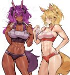  2girls abs absurdres animal_ears artist_name blonde_hair blush breasts collar cowboy_shot dark-skinned_female dark_skin deccatezu english_commentary fate/apocrypha fate_(series) green_eyes hair_between_eyes hand_on_own_hip highres horns horse_ears horse_girl horse_tail looking_at_another looking_at_viewer medium_breasts mordred_(fate) multiple_girls navel one_eye_closed ponytail purple_hair shoulder_tattoo simple_background spiked_collar spikes sweat tail tattoo towel twitter_username white_background 