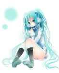  aqua_eyes aqua_hair boots earmuffs full_body hatsune_miku knee_boots long_hair maria_(m-twi) scarf scrunchie simple_background sitting smile solo striped striped_scarf twintails very_long_hair vocaloid 