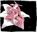  1girl antennae arthropod_girl arthropod_limbs black_background border colored_skin commentary flower full_body furry furry_female isutai lily_(flower) looking_at_viewer lurantis mantis_girl monster_girl multicolored_skin no_mouth pink_eyes pink_skin plant_girl pokemon pokemon_(creature) praying_mantis simple_background sitting solo symbol-only_commentary white_border white_flower white_skin 