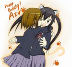  animal_ears bad_id bad_pixiv_id black_hair brown_eyes brown_hair cat_ears closed_eyes daihii happy_birthday hirasawa_yui hug k-on! kiss long_hair multiple_girls nakano_azusa one_eye_closed school_uniform short_hair twintails yuri 