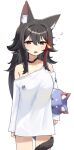  1girl animal_ear_fluff animal_ears black_hair brown_eyes commentary_request cowboy_shot hair_ornament half-closed_eyes highres hololive long_hair long_sleeves miofa_(ookami_mio) off-shoulder_shirt off_shoulder ookami_mio ookami_mio_(hoodie) open_mouth red_streaks shirt simple_background sleepy solo tail tail_around_own_leg virtual_youtuber white_background white_shirt wolf_ears wolf_girl wolf_tail woogi_(duguddnr) 