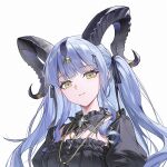  1girl arknights bang_dream! bang_dream!_it&#039;s_mygo!!!!! black_dress blue_hair dress hair_ornament jewelry long_hair looking_at_viewer necklace parted_lips portrait simple_background smile solo togawa_sakiko togawa_sakiko_(master_of_melodia) white_background yellow_eyes yin_lan_xue 