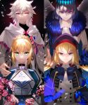  00kashian00 2boys 2girls absurdres armor armored_dress artoria_caster_(fate) artoria_caster_(second_ascension)_(fate) artoria_pendragon_(fate) black_hair blonde_hair blue_bow blue_capelet blue_dress blue_eyes bow braid bug butterfly capelet claws commentary_request crown dragonfly_wings dress fate/grand_order fate_(series) green_eyes highres insect_wings juliet_sleeves long_hair long_neck long_sleeves medium_hair merlin_(fate) multiple_boys multiple_girls oberon_(fate) oberon_(third_ascension)_(fate) puffy_sleeves purple_eyes saber_(fate) smile split_screen twintails very_long_hair white_hair wings 