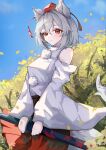  1girl absurdres animal_ears black_skirt blue_sky clear_sky closed_mouth commentary cowboy_shot day detached_sleeves grey_hair hat highres holding holding_sword holding_weapon inubashiri_momiji leaf leaf_print looking_at_viewer maple_leaf_print outdoors pom_pom_(clothes) print_skirt red_eyes red_hat red_skirt sheath sheathed shirt short_hair skirt sky sleeveless sleeveless_shirt smile solo standing suzukiairi0001 sword tail tokin_hat touhou tree turtleneck turtleneck_shirt two-tone_skirt weapon white_shirt white_sleeves wolf_ears wolf_girl wolf_tail 