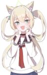  1girl :d alternate_hairstyle animal_ear_fluff animal_ears black_choker black_sailor_collar blonde_hair blue_archive blush choker commentary cowboy_shot fang fox_ears fox_girl green_eyes green_halo hair_bobbles hair_ornament halo hands_up happy highres holding holding_own_hair kurumi_(blue_archive) long_hair long_sleeves neckerchief nose_blush open_mouth red_neckerchief ria_(52266382) sailor_collar school_uniform serafuku shirt sidelocks simple_background skin_fang slit_pupils smile solo twintails very_long_hair white_background white_shirt 