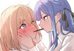  2girls absurdres bang_dream! bang_dream!_it&#039;s_mygo!!!!! black_ribbon blonde_hair blue_hair blush commentary eye_contact food hair_ribbon highres houji_tea_latte long_hair long_sleeves looking_at_another medium_hair misumi_uika multiple_girls pocky pocky_day pocky_kiss purple_eyes ribbon shirt sidelocks simple_background togawa_sakiko white_background white_shirt yellow_eyes yuri 