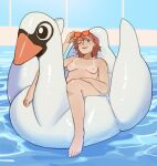  1girl bird breasts collarbone english_commentary eyelashes eyewear_on_head feet green_eyes looking_at_viewer nipples nude ollie_(sframboob) one_eye_closed original pool sframboob short_hair smile solo sunglasses swan tan tanlines water 