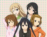  akiyama_mio black_eyes black_hair blonde_hair blue_eyes brown_eyes brown_hair cardigan casual dress fukuoka_katsumi hairband head_tilt hirasawa_yui hood hoodie k-on! kotobuki_tsumugi long_hair looking_back multiple_girls nakano_azusa necktie official_style one_eye_closed orange_shirt pantyhose plaid plaid_skirt shirt short_hair skirt sweater sweater_dress tainaka_ritsu tongue 