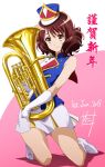  1girl 2019 brown_eyes brown_hair elbow_gloves euphonium full_body gloves hat hibike!_euphonium highres holding holding_instrument instrument kneeling nii_manabu oumae_kumiko pleated_skirt shiny shiny_hair short_hair signature skirt sleeveless smile socks solo white_gloves white_legwear white_skirt 