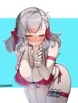  1girl arm_strap bare_shoulders bent_over bikini black_choker blue_background blush bow braid breasts choker cleavage collarbone disembodied_penis fellatio frilled_bikini frills girls'_frontline girls'_frontline_2:_exilium grey_hair hair_bow handjob huge_breasts medium_hair one_eye_closed oral penis pouch red_bikini red_bow red_eyes sabrina_(girls'_frontline_2) side-tie_bikini_bottom solo_focus spas-12_(girls'_frontline) sweat swimsuit thigh_pouch thighs tilt-shift_(azalanz) twitter_username two-tone_background uncensored veins veiny_penis white_background 