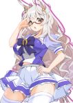  1girl adjusting_eyewear animal_ears biwa_hayahide_(umamusume) blaze_(blazeillust) blush bow bowtie braid braided_bun breasts cowboy_shot crown curvy ear_through_crown glasses grey_hair hair_bun hand_on_own_hip highres horse_ears horse_girl horse_tail horseshoe_ornament impossible_clothes impossible_shirt large_breasts long_hair looking_at_viewer mini_crown miniskirt narrow_waist open_mouth outline pink_outline pleated_skirt puffy_short_sleeves puffy_sleeves purple_bow purple_bowtie purple_shirt sailor_collar sailor_shirt school_uniform semi-rimless_eyewear shirt short_sleeves simple_background skindentation skirt solo summer_uniform tail taut_clothes taut_shirt thick_thighs thighhighs thighs tracen_school_uniform umamusume under-rim_eyewear very_long_hair wavy_hair white_background white_skirt white_thighhighs wide_hips yellow_eyes 