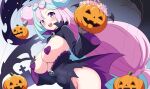  1girl alternate_breast_size_(larger) bare_tree black_dress black_gloves black_shrug blue_hair blush bow-shaped_hair breasts candy character_hair_ornament covered_navel covered_nipples cross double_bun dress fake_hair_bun food gloves grabbing_own_breast hair_bun hair_ornament halloween_bucket heart_pasties highres iono_(pokemon) jack-o&#039;-lantern large_breasts long_hair long_sleeves looking_at_viewer multicolored_hair open_mouth pasties pink_eyes pink_hair pokemon pokemon_sv pon_tanuki_(ga7fsrge9jxblaw) pumpkin purple_dress purple_shrug sharp_teeth shrug_(clothing) smile solo split-color_hair teeth thighs tombstone tree two-tone_hair upper_teeth_only wide_sleeves wrapped_candy 