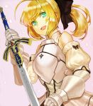  1girl :d ahoge armor armored_dress artoria_pendragon_(all) black_bow blonde_hair bow breastplate darumaya_(rikky_potty) detached_sleeves dress excalibur fate/unlimited_codes fate_(series) gauntlets green_eyes grey_background hair_bow holding holding_sword holding_weapon long_hair open_mouth petals ponytail saber_lily shiny shiny_hair short_sleeves simple_background sleeveless sleeveless_dress smile solo sword weapon white_dress 