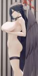  1girl absurdres ass black_hair black_wings blue_archive breasts choker commentary_request feathered_wings grabbing_own_breast groin hair_bun halo hasumi_(blue_archive) hasumi_(swimsuit)_(blue_archive) highres large_breasts long_hair looking_down low_wings no_nipples nude parted_lips ponytail red_eyes red_halo single_hair_bun solo thigh_strap thighs very_long_hair wings yuzuki3280 