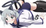  absurdres animal_ears blush cosplay green_eyes highres kurashima_tomoyasu miyafuji_yoshika miyafuji_yoshika_(cosplay) non-web_source object_on_head panties panties_on_head sailor sanya_v_litvyak school_swimsuit short_hair silhouette_demon silver_hair solo strike_witches striker_unit swimsuit swimsuit_under_clothes tail underwear vector_trace wardrobe_error world_witches_series 