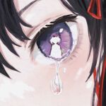  1girl akemi_homura black_hair chinese_commentary close-up commentary_request crying crying_with_eyes_open eye_focus eye_reflection eyelashes hair_ribbon highres kaname_madoka ksline0930 light_blush mahou_shoujo_madoka_magica mahou_shoujo_madoka_magica_(anime) pink_hair procreate_(medium) purple_eyes red_ribbon reflection ribbon sad short_hair short_twintails silhouette surreal teardrop tears twintails 