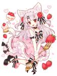  1girl :3 :d absurdres animal_ear_fluff animal_ears bare_shoulders black_bow black_bowtie black_choker black_shoes blunt_bangs blush bow bowtie cake cat_ears cat_girl cat_tail choker collarbone commentary detached_sleeves dress flower food fork frilled_dress frills fruit full_body grey_hair hair_flower hair_ornament hair_ribbon hairband highres holding holding_fork long_hair long_sleeves looking_at_viewer open_mouth original pink_dress red_flower red_rose ribbon rose saijo1201 shoes simple_background sleeve_bow sleeveless sleeveless_dress smile solo sparkle standing strawberry striped_bow striped_bowtie striped_clothes striped_ribbon tail tail_bow tail_ornament two_side_up watermark white_background white_hairband white_sleeves x_hair_ornament 