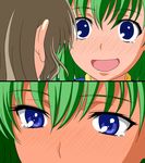  @_@ blue_eyes blush green_hair hijiri_byakuren long_hair multiple_girls ougi_(ihayasaka) parody ringed_eyes sekimen_suru_dake shiki_eiki short_hair tears to_aru_majutsu_no_index touhou 