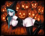  ark_(morita_hitomi) boots breasts character_name cleavage demon_girl elbow_gloves gloves hat huge_breasts long_hair morrigan_aensland pumpkin solo succubus thigh_boots thighhighs vampire_(game) wallpaper witch_hat 