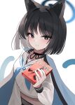  1girl animal_ears black_choker black_eyes black_hair black_sailor_collar blue_archive blue_haori blue_neckerchief blush box brand_name_imitation cat_ears cat_tail choker closed_mouth commentary food halo haori highres holding holding_box holding_food japanese_clothes kikyou_(blue_archive) long_sleeves looking_at_viewer lunar_(pixiv53683306) neckerchief pocky_day sailor_collar shirt simple_background smile solo symbol-only_commentary tail white_background white_shirt 