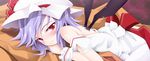  bat_wings blush face hat lavender_hair looking_at_viewer lying ogami_kazuki parted_lips red_eyes remilia_scarlet short_hair solo touhou wings 