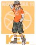  1boy ;d absurdres arm_behind_head artist_name ball baseball_cap basketball_(object) black_eyes black_shorts border bright_pupils brown_hair camouflage camouflage_shorts character_name clothes_writing commentary converse copyright_name dark-skinned_male dark_skin dated double_horizontal_stripe drawstring english_commentary english_text full_body green_shoes grey_hat grey_hoodie grin hair_between_eyes hand_in_pocket hat hector_(omori) highres hood hood_down hoodie kel_(birthday)_(omori) kel_(faraway)_(omori) kel_(omori) kneehighs layered_sleeves leg_hair long_sleeves looking_at_viewer low_ponytail male_focus official_alternate_costume official_alternate_hairstyle omocat omori one_eye_closed orange_background orange_shirt outside_border polka_dot polka_dot_background ponytail shirt shoelaces shoes short_hair short_over_long_sleeves short_ponytail short_sleeves shorts simple_background smile socks solo standing star_(symbol) white_border white_pupils white_socks 