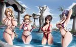  adapted_costume bikini black_hair blonde_hair blue_sky breasts brown_hair cassandra_alexandra crossed_arms curvy day fountain green_eyes hair_over_one_eye huge_breasts isabella_valentine lips long_hair micro_bikini multiple_girls ponytail short_hair sideboob silver_hair skindentation sky slender_waist slingshot_swimsuit smile sophitia_alexandra soulcalibur statue swimsuit t-spec taki_(soulcalibur) underboob undressing water white_hair wide_hips 