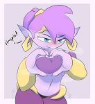 2024 absurd_res accessory animal_humanoid big_breasts blue_eyes blush breast_squish breasts ear_piercing ear_ring eyelashes female gesture grabbing_own_breast hair hair_accessory hair_tie heart_gesture hi_res humanoid humanoid_pointy_ears looking_at_viewer mammal mammal_humanoid monkey_humanoid oppai_heart phosenpai piercing pointy_ears ponytail primate primate_humanoid purple_body purple_hair purple_skin ring_piercing seductive shaking_hips shantae_(monkey_form) simple_background smile smug_face solo squish wide_hips