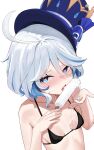  1girl absurdres bikini black_bikini blue_eyes blue_hat blush breasts commentary_request food food_on_body food_on_breasts furina_(genshin_impact) genshin_impact grey_hair hat heart heart-shaped_pupils heterochromia highres looking_at_viewer popsicle sexually_suggestive short_hair skai_kun small_breasts swimsuit symbol-shaped_pupils top_hat upper_body wavy_hair white_background 