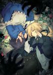  apron blonde_hair closed_eyes coat cravat dress elysia_wentworth flower gloves grey_hair holding_hands jiyu2 lily_(shiei_no_sona-nyl) lying multiple_girls on_side overcoat ponytail red_flower red_rose ribbon rose shiei_no_sona-nyl short_hair steampunk_(liarsoft) yellow_eyes 