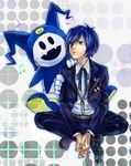  blue_eyes blue_hair digital_media_player jack_frost male_focus persona persona_3 ribbon school_uniform utk-utk yuuki_makoto 