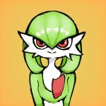 2025 :&gt; breasts chest_spike digital_drawing_(artwork) digital_media_(artwork) female gardevoir generation_3_pokemon green_body green_hair hair hi_res humanoid nintendo orange_background pokemon pokemon_(species) pseudo_hair red_eyes simple_background small_breasts smile solo spikes spikes_(anatomy) sublender1234 white_body