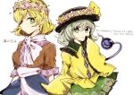  2girls black_hat blonde_hair bow breasts brown_shirt buttons closed_mouth collared_shirt commentary_request cover cover_page cowboy_shot diamond_button doujin_cover english_text floral_print frilled_shirt_collar frilled_sleeves frills green_eyes green_hair green_skirt hat hat_bow head_wreath komeiji_koishi long_sleeves looking_at_viewer medium_breasts mizuhashi_parsee multiple_girls pointy_ears print_skirt rose_print sash scarf shirt short_hair short_sleeves simple_background skirt sleeves_past_fingers sleeves_past_wrists smile tama_(hiroshige_36) third_eye touhou white_background white_sash white_scarf yellow_bow yellow_shirt 