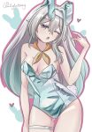  1girl :o animal_ears aqua_leotard breasts firefly_(honkai:_star_rail) gradient_eyes gradient_hair green_pupils grey_hair hair_between_eyes hair_intakes heart highres honkai:_star_rail honkai_(series) leotard long_hair medium_breasts multicolored_eyes multicolored_hair neckerchief one_eye_closed open_mouth orange_neckerchief playboy_bunny rabbit_ears simple_background solo soulgluttony strapless strapless_leotard thigh_strap twitter_username white_background 