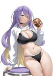  1girl :o absurdres black_bra black_panties blonde_hair bra burger calvin_klein colored_inner_hair commentary english_commentary engrish_commentary food gradient_eyes gradient_hair hand_up highres holding holding_food hololive hololive_indonesia hooded_shrug long_hair long_sleeves looking_at_viewer moona_hoshinova multicolored_eyes multicolored_hair navel open_mouth panties puffy_long_sleeves puffy_sleeves purple_eyes purple_hair raikkonen shrug_(clothing) solo starry_hair stomach stool two-tone_hair underwear very_long_hair virtual_youtuber white_shrug yellow_eyes 