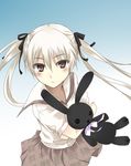  bad_id bad_pixiv_id blush doll doll_hug hachimikkusu hair_ribbon kasugano_sora long_hair ribbon school_uniform serafuku skirt solo stuffed_animal stuffed_bunny stuffed_toy twintails white_hair yosuga_no_sora 