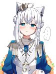  ... 1girl ahoge animal_ears blue_eyes blush crossed_bangs crown double_bun epaulettes fox_ears fox_girl hair_bun highres hololive long_sleeves looking_at_viewer military_uniform mini_crown shirakami_fubuki shirakami_fubuki_(fbkingdom) simple_background solo spoken_ellipsis upper_body virtual_youtuber white_background white_hair woogi_(duguddnr) 