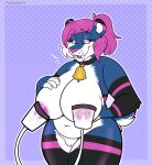 2025 5_fingers absurd_res anthro areola arms_bent artist_name bell bell_collar big_breasts black_body black_collar black_ear_tips black_fur black_markings blue_body blue_eyebrows blue_fur blue_tail bodily_fluids breast_squish breasts cheek_tuft collar collar_only colored curvy_figure digital_drawing_(artwork) digital_media_(artwork) dipstick_ears dotted_background ear_markings english_description eyebrow_through_hair eyebrows eyelashes facial_tuft felid female female_anthro fingers fluffy fluffy_tail fur fur_markings genitals grey_outline hair half-closed_eyes hand_on_breast hi_res huge_breasts lactating light lighting long_fangs looking_at_breasts looking_at_own_breasts looking_at_self machine mammal markings milk milking_machine multicolored_body multicolored_ears multicolored_fur multicolored_tail narrowed_eyes navel nipples nude nude_anthro nude_female open_mouth open_smile outline pattern_background ponytail portrait prehistoric_species purple_areola purple_background purple_hair purple_nipples purple_nose purple_stripes purple_tongue ractoons saber-toothed_tiger simple_background smile solo squish standing striped_arms stripes tail text thick_thighs three-quarter_portrait tongue translucent translucent_hair tuft vulva whisker_spots white_body white_fur white_inner_ear white_tail