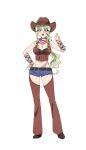  1girl absurdres american_flag american_flag_print bandana bandana_around_neck blonde_hair blue_eyes blush breasts brown_arm_warmers brown_hat chaps cleavage cowboy_hat flag_print full_body hair_between_eyes hat highres kimi_no_koto_ga_dai_dai_dai_dai_daisuki_na_100-nin_no_kanojo long_hair medium_breasts midriff navel official_art open_mouth short_shorts shorts simple_background solo teeth thumbs_up transparent_background upper_teeth_only yamato_nadeshiko_(hyakkano) 