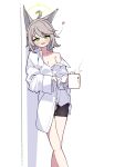  1girl absurdres ahoge animal_ears bike_shorts blue_archive blush borrowed_clothes breasts brown_hair coffee_mug collared_shirt commission cum cumdrip cup fox_ears fox_girl green_eyes green_halo halo heart highres long_malin mug otogi_(blue_archive) pixiv_commission shirt simple_background spoken_heart torn_clothes 